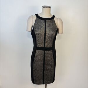 Esley Womens Large Black Gold Sheath Dress Stretch Bodycon Fitted Professional